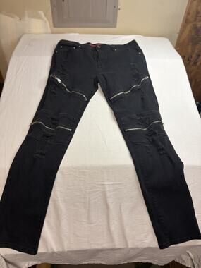 Copper Rivet Men’s 38x33 Black Skinny Moto Jeans Distressed Zipper Biker Stretch